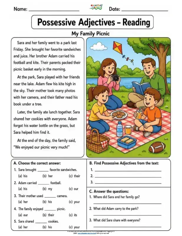 A colorful worksheet featuring a family picnic scene and exercises on possessive adjectives for elementary students.
