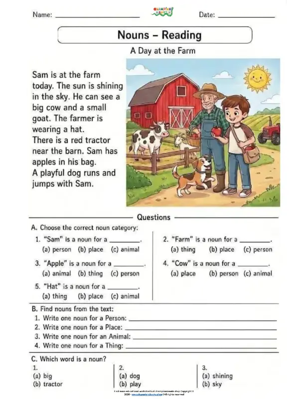 Nouns Reading Worksheet: A Day at the Farm (Grade 1)