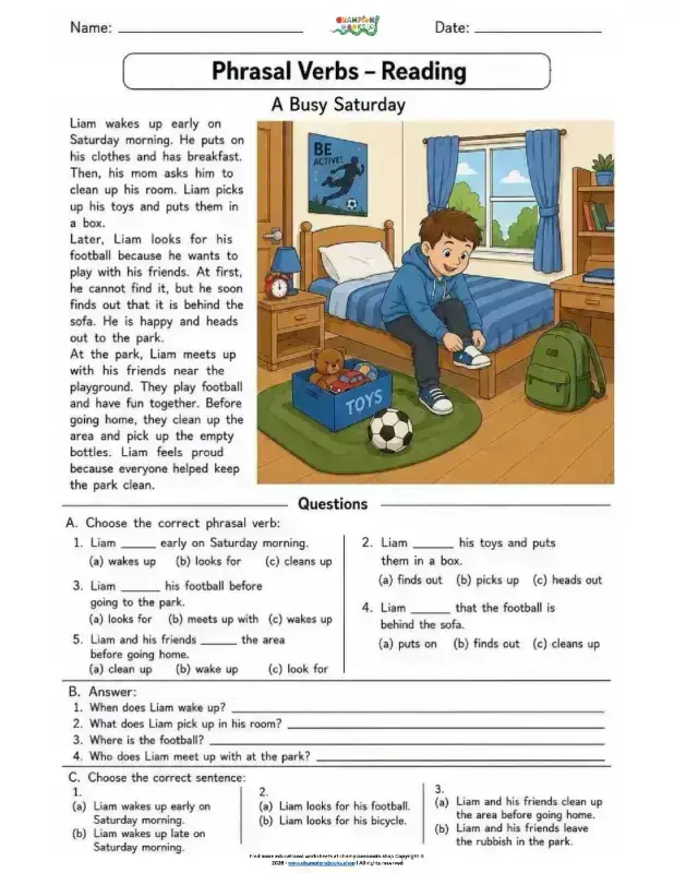 Grade 4 Phrasal Verbs Reading: A Busy Saturday Worksheet