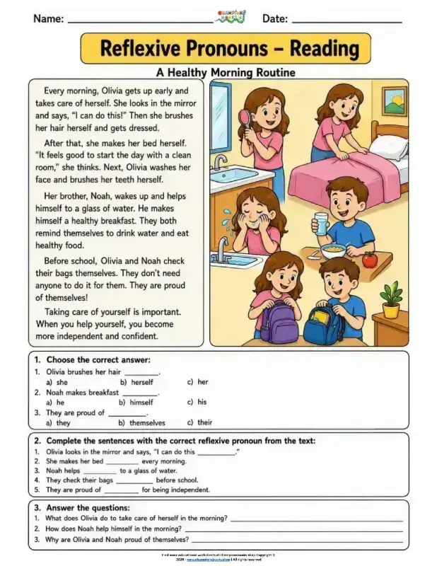 Reflexive Pronouns Reading Worksheet - Grade 2 Grammar