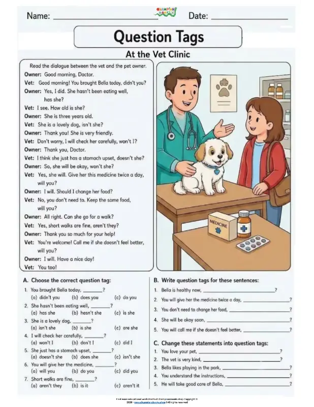 Question Tags Worksheet featuring a vet and pet owner at a clinic, with exercises on identifying and forming question tags for Grade 4 and 5.