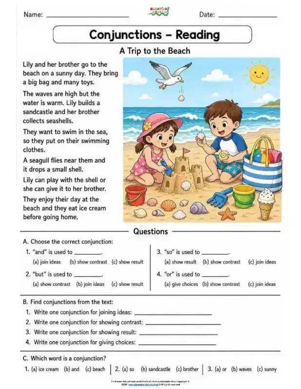 Grade 1 Conjunctions Worksheet: Reading Comprehension