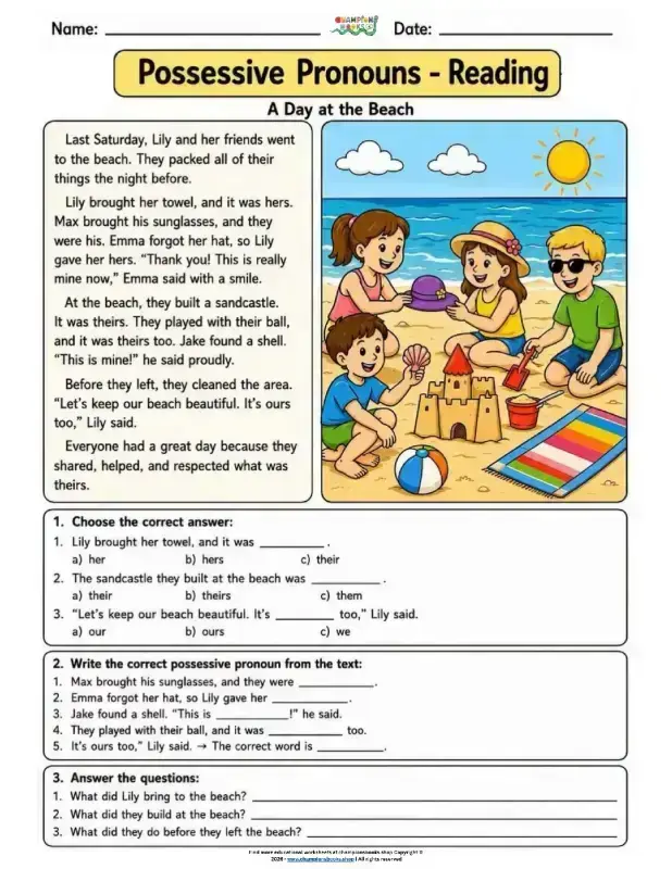 Grade 3 possessive pronouns reading worksheet featuring a story about a day at the beach with practice exercises.