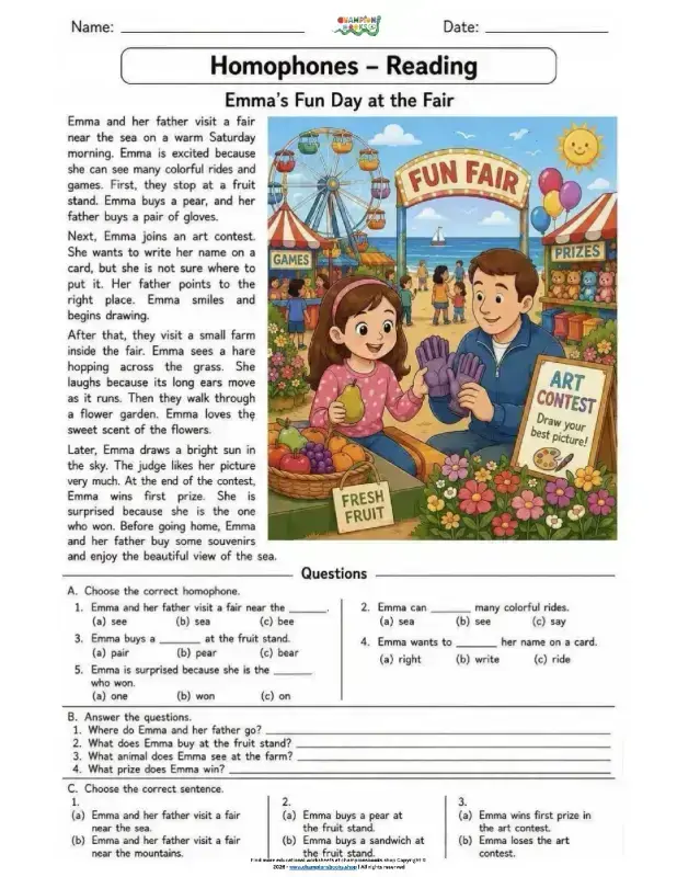 Grade 2 Homophones & Reading Comprehension Worksheet