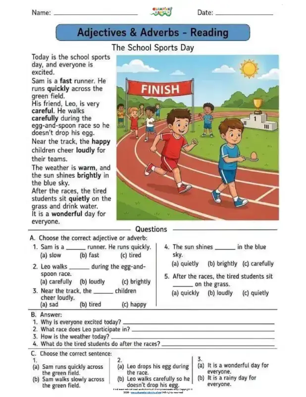 Adjectives and Adverbs worksheet for elementary students featuring a school sports day race with children running.