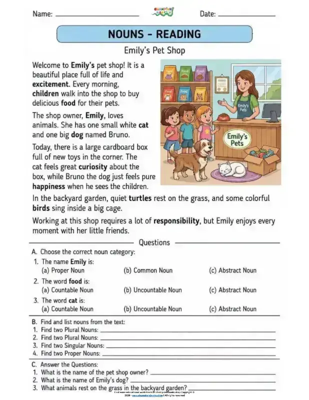 Nouns Reading Worksheet for Grade 2 | Emily's Pet Shop