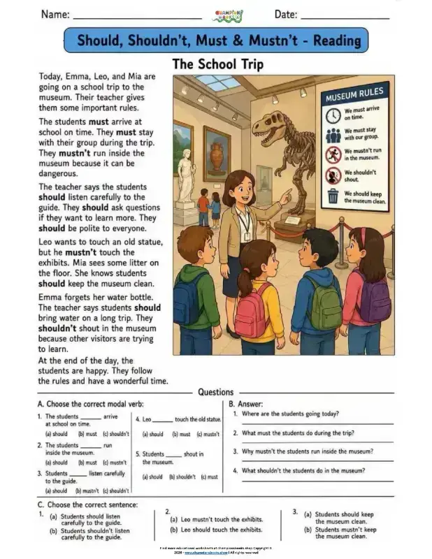 Modal Verbs: Should, Shouldn't, Must & Mustn't Worksheet