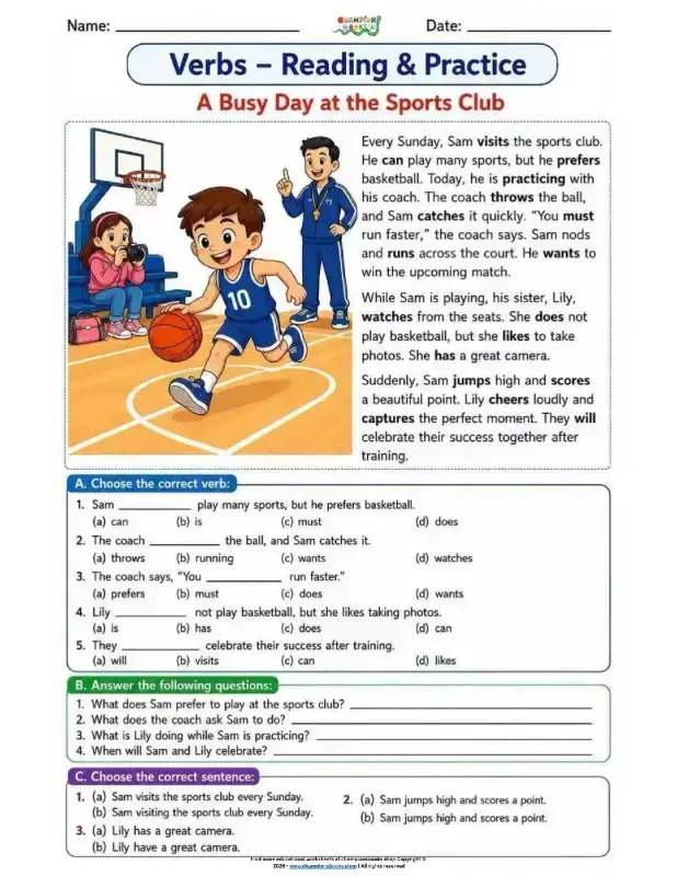 Engaging Verbs Worksheet for Grade 3 featuring a sports club story and multiple-choice verb exercises.