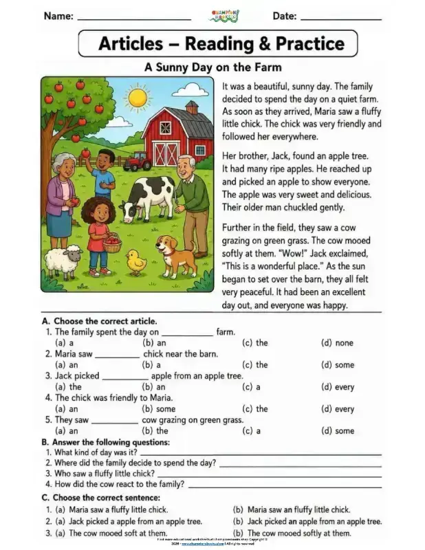 Grammar Articles Worksheet: Reading & Practice for Kids