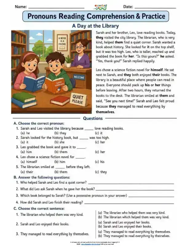 Grade 3 Pronouns Reading Comprehension & Grammar