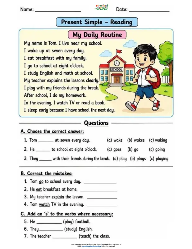 Present Simple Reading: Daily Routine Worksheet for Kids