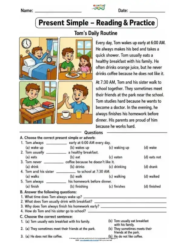 Present Simple Reading Practice worksheet featuring Tom's daily routine and comprehension questions for students.