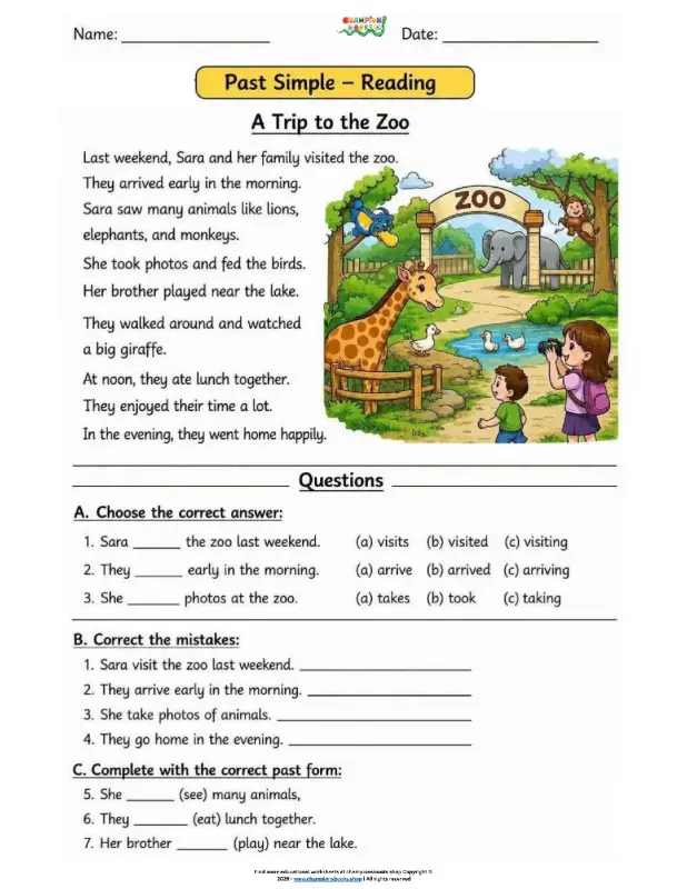 Past Simple Reading Worksheet: A Trip to the Zoo (Grade 3)