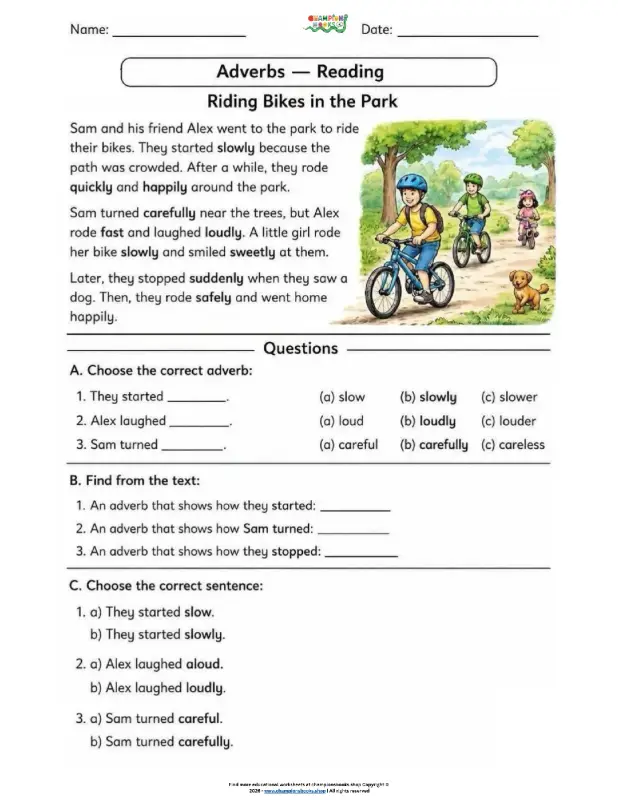 Adverbs Reading Worksheet: Identify Adverbs in a Story