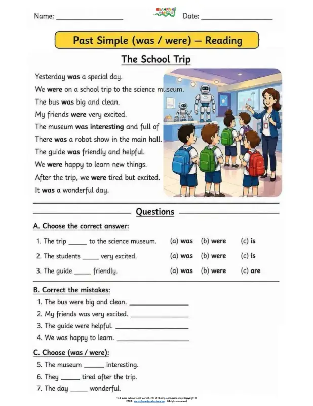 Past Simple Was/Were Worksheet: Reading & Grammar for Grade 3