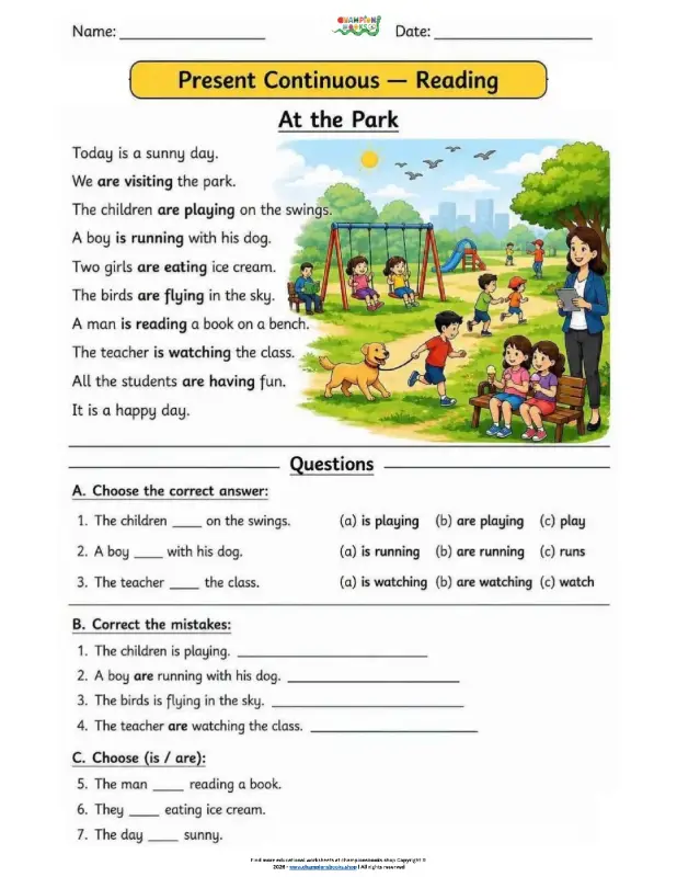 Present Continuous Reading Worksheet for Grade 1 students, featuring children playing at a park to learn -ing verbs and present continuous tense.