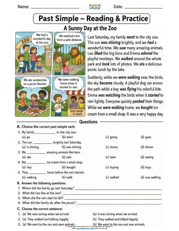 Past Simple Reading & Practice: Zoo Story Worksheet (Grade 4)