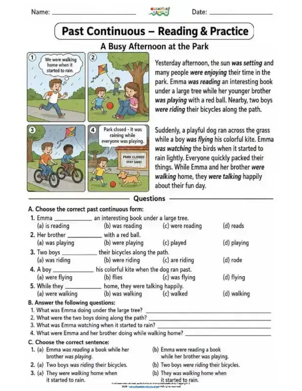 Past Continuous tense worksheet featuring a story about a busy afternoon at the park with multiple-choice and short-answer questions for grammar practice.