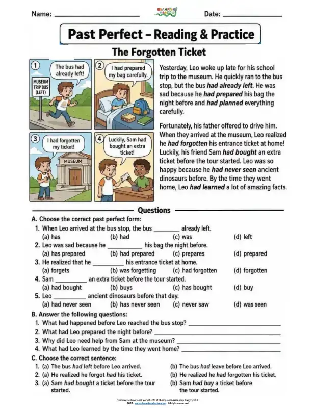 Past Perfect Tense Worksheet: Grammar & Reading for Grade 5