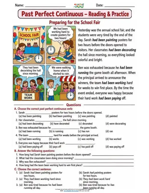 Past Perfect Continuous Worksheet: Reading & Practice