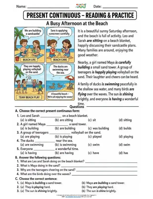 Present Continuous Tense Worksheet | Reading & Practice