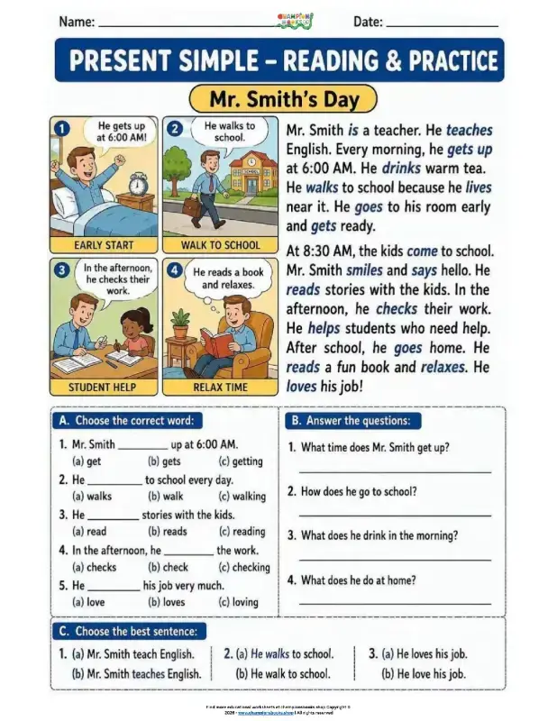 Present Simple Reading Worksheet: Mr. Smith's Day