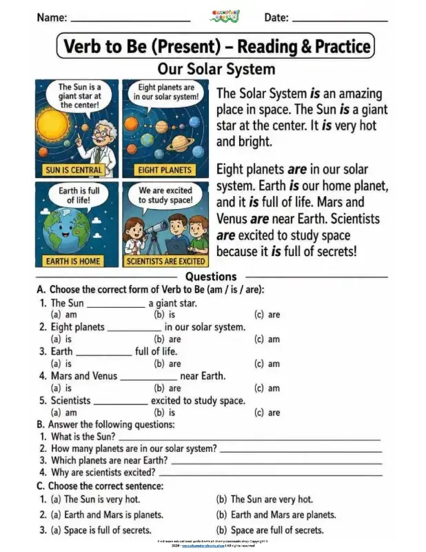 Verb to Be Present Tense Worksheet: Solar System Reading
