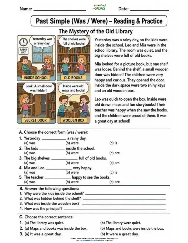 Past Simple Was Were Worksheet | Reading & Practice