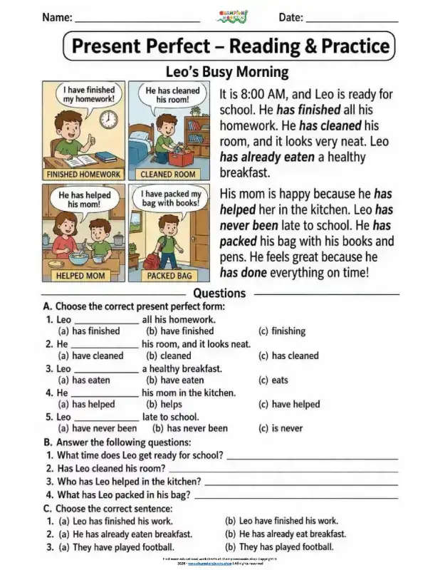 Present Perfect Tense Worksheet: Reading & Practice
