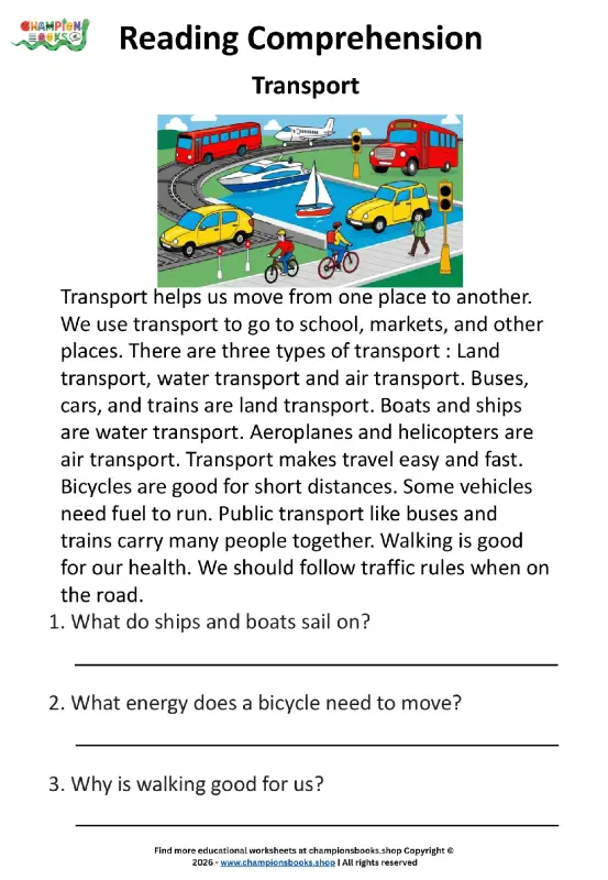 Transport Reading Comprehension Worksheet for Grade 1