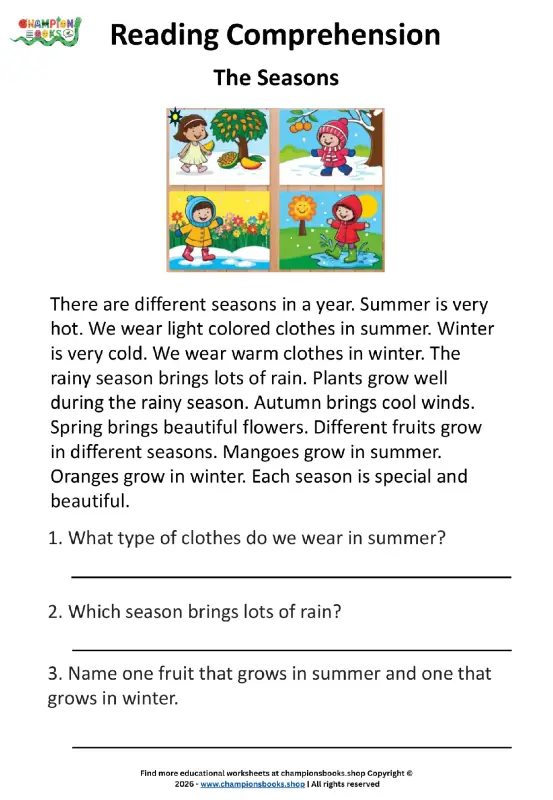 Seasons reading comprehension worksheet with colorful illustrations of summer, winter, autumn, and spring for Grade 1