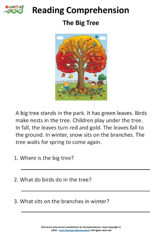 Grade 1 Reading Comprehension Worksheet: The Big Tree