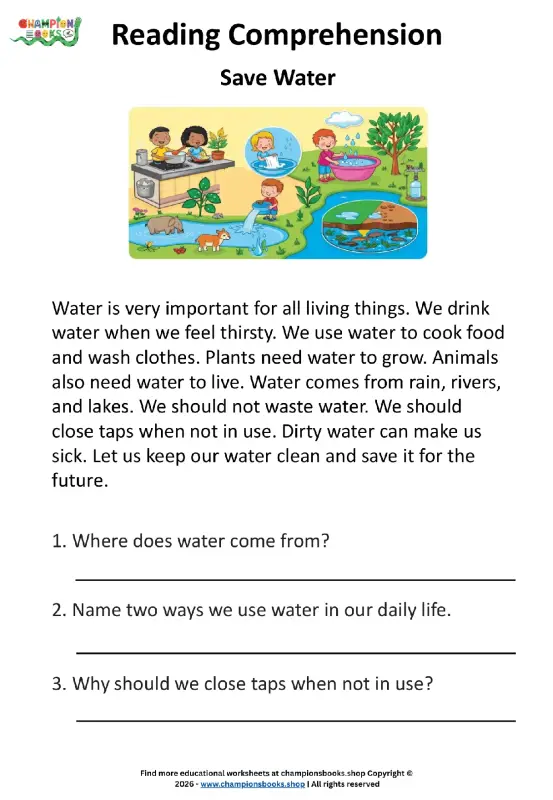 Save Water Reading Comprehension Worksheet | Grade 1