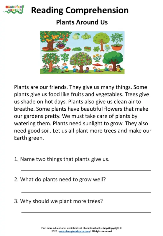 Plants Reading Comprehension Worksheet for Grade 1