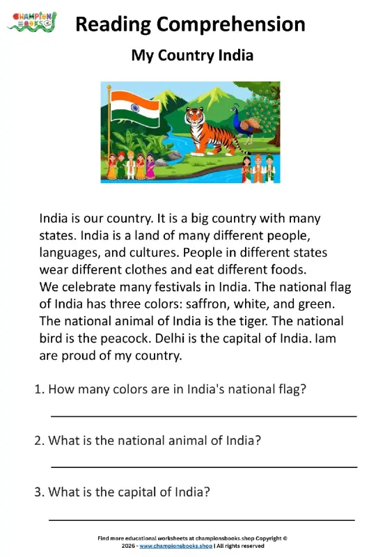 India reading comprehension worksheet featuring a passage about India's national symbols, flag, and culture for Grade 1 students.