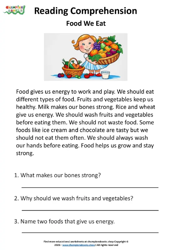 Food Reading Comprehension Worksheet for Grade 1 Students
