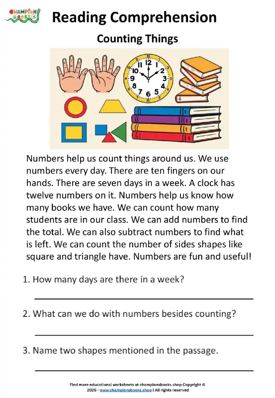 Grade 1 Counting Things Reading Comprehension Worksheet with math passage and questions