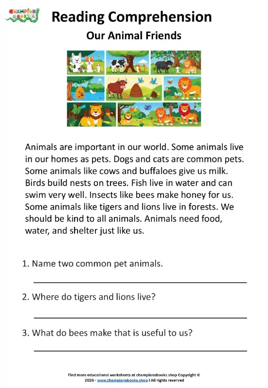 Animal Reading Comprehension Worksheet for Grade 1