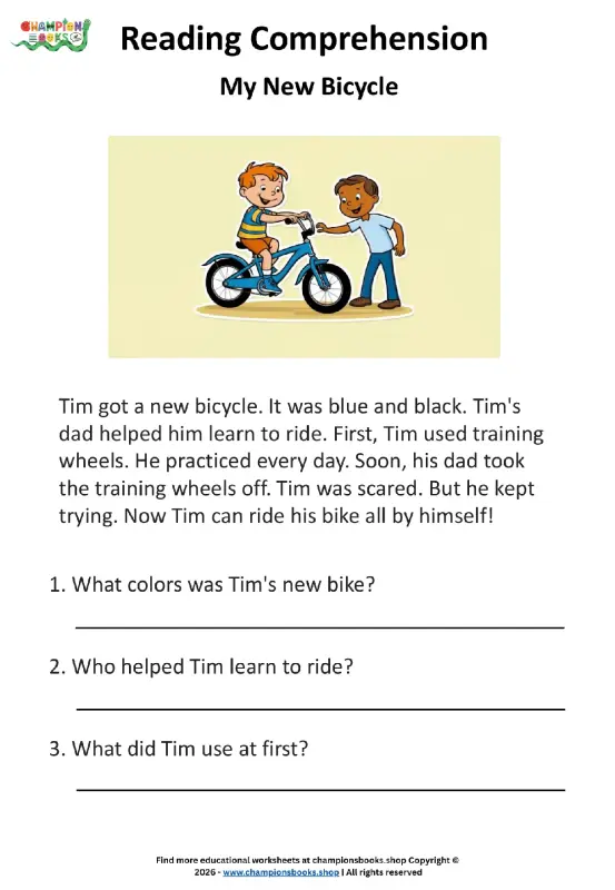 Grade 1 reading comprehension worksheet featuring a short story about Tim's new bicycle and three follow-up questions.