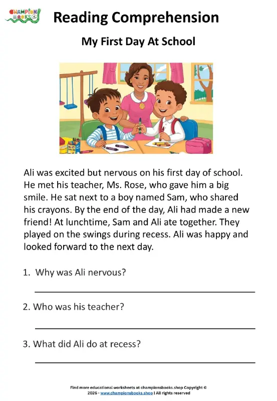 First Day of School Reading Comprehension Worksheet