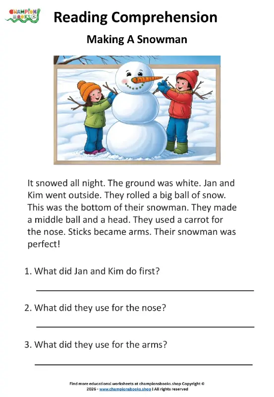 Winter Reading Comprehension Worksheets for Grade 1