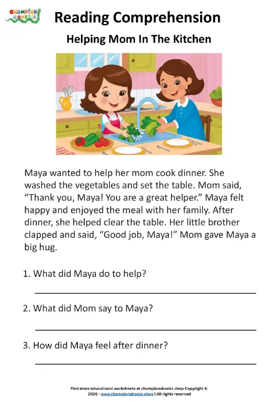 Grade 1 reading comprehension worksheet about helping mom in the kitchen