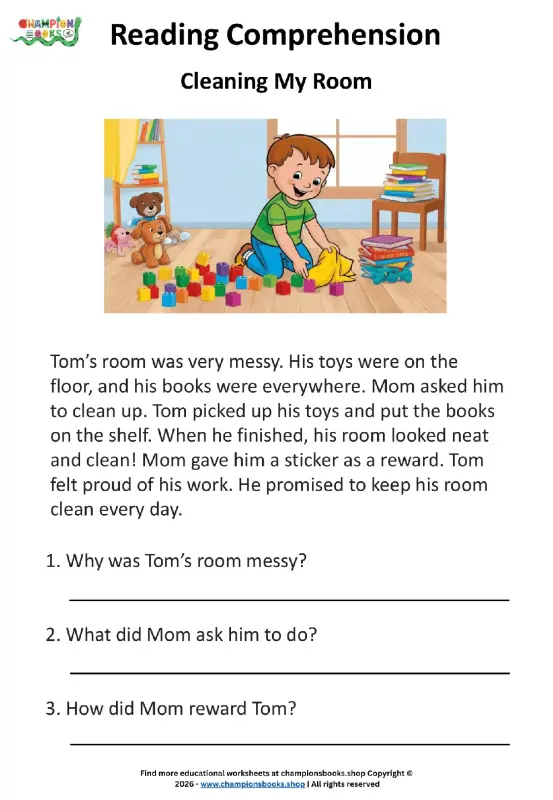 Grade 1 Reading Comprehension Worksheet: Cleaning My Room