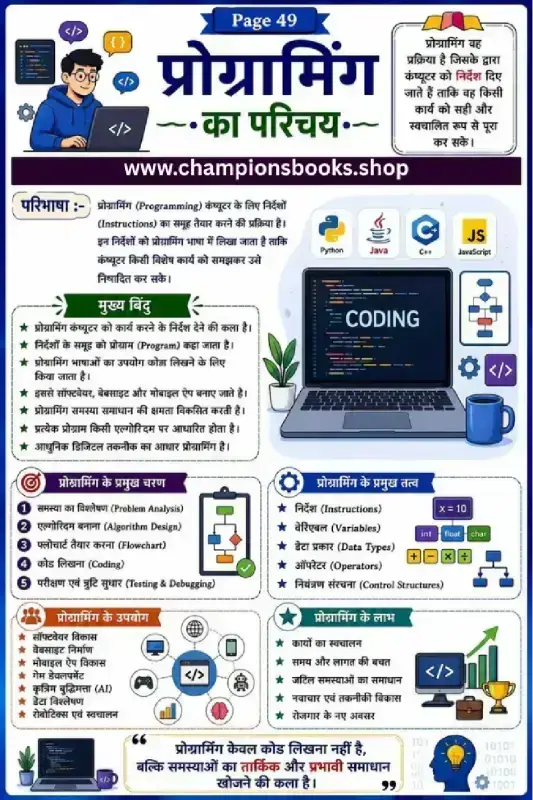 Introduction to Programming in Hindi educational worksheet explaining coding steps, elements, and benefits