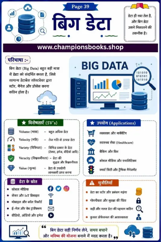 Big Data in Hindi educational infographic worksheet explaining definition, 5 Vs, applications, and challenges