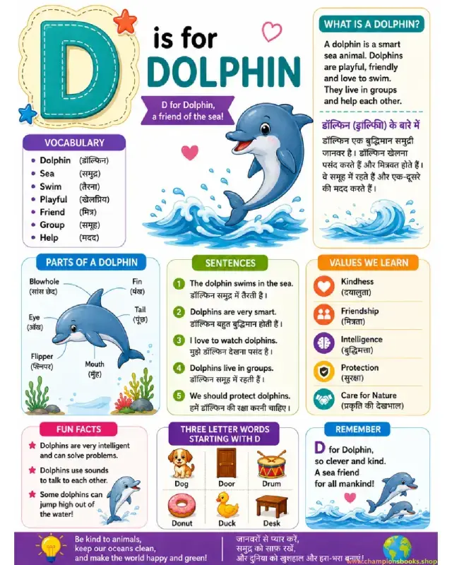Letter D Vocabulary Worksheet: D is for Dolphin Activity