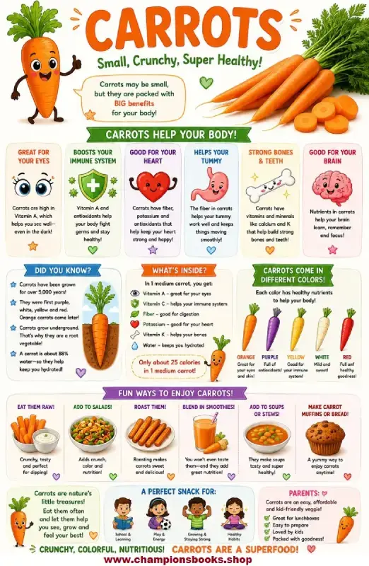 Healthy Carrots Benefits for Kids Infographic & Worksheet