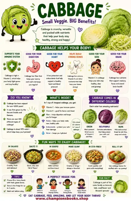 Cabbage Health Benefits for Kids Worksheet | Nutrition Poster