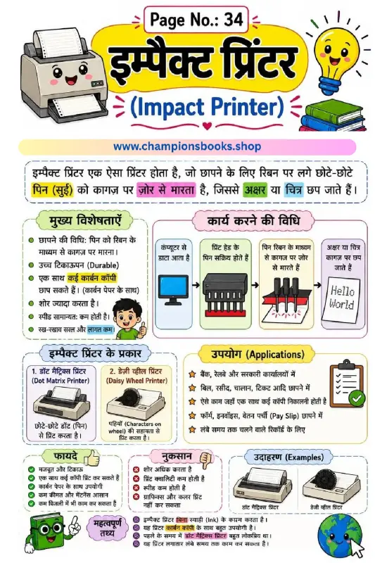 Impact Printer in Hindi Worksheet for Kids | Grade 3 Computer