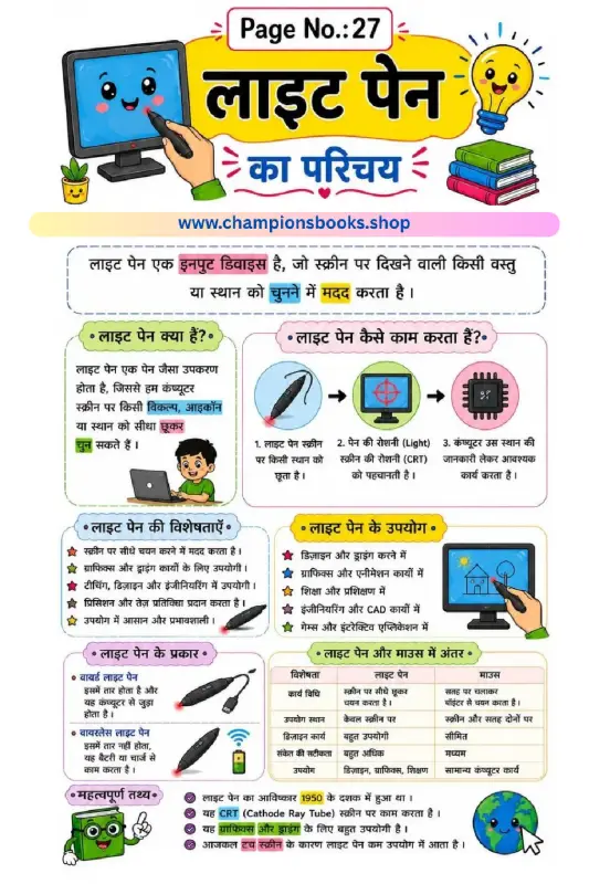 Light Pen in Hindi: Computer Worksheet for Grade 3